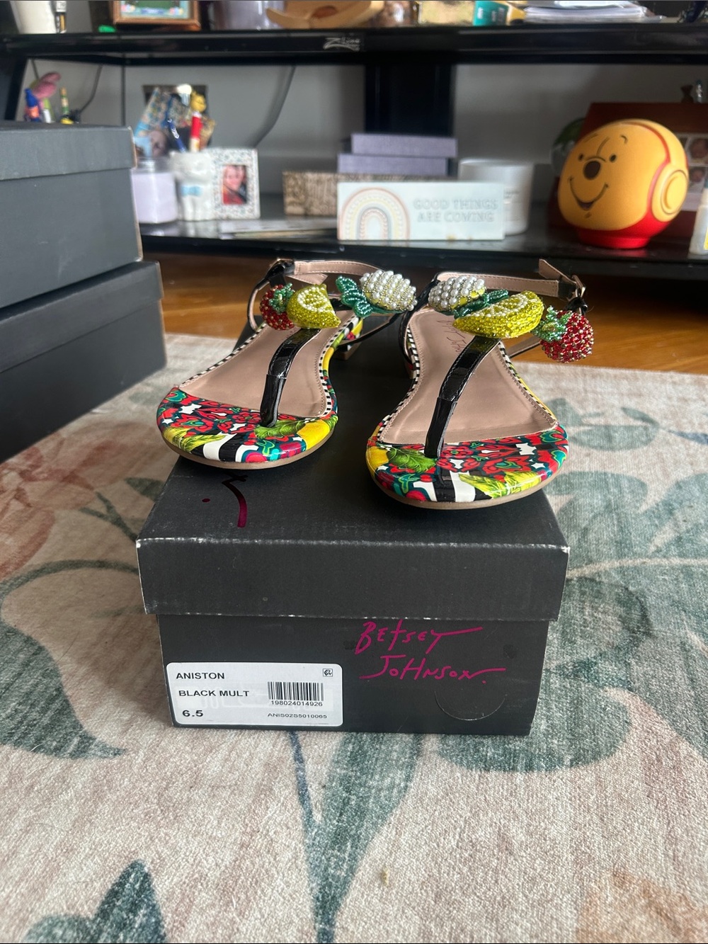 Betsey Johnson Black Multi Floral Beaded Fruit T-Strap Sandals